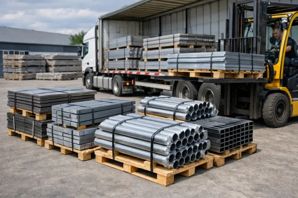 Palety z profilami stalowymi przygotowane do transportu na budowę lub do zakładu produkcyjnego