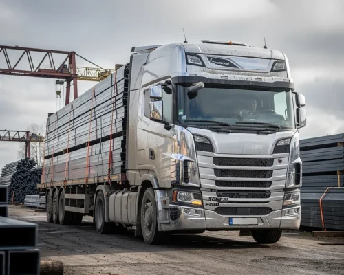 Transport stali HDS z rozładunkiem na placu budowy w Polsce